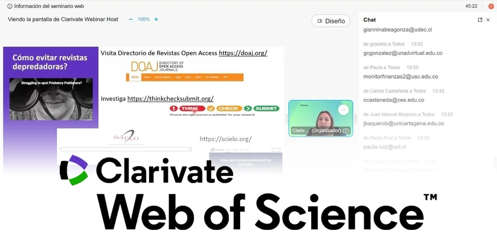 Captura de pantalla de un seminario web de "Clarivate Web of Science". En la diapositiva principal, se habla sobre cómo evitar revistas depredadoras, con un enlace al "Directorio de Revistas Open Access (DOAJ)" y otras herramientas de investigación académica. A la derecha, hay una lista de chat con varios participantes y una pequeña ventana con la anfitriona del seminario.